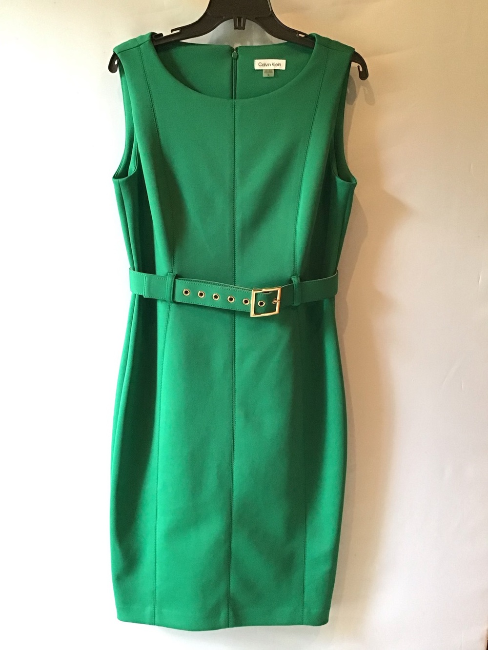 480 Calvin Klein Emerald Green Belted Sheath Midi Dress
